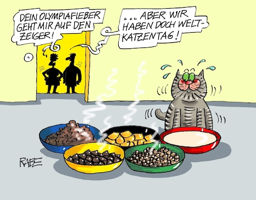 Cartoon: Olympischer Weltkatzentag (medium) by RABE tagged katze,samtpfote,stubentiger,kater,weltkatzentag,fellnase,rabe,ralf,böhme,cartoon,karikatur,pressezeichnung,katzenklo,katzentoilette,kratzbaum,katzenstreu,einstreu,toilettenpapie,engpass,futter,katzenfutter,trockenfutter,nassfutter,katzennäpfe,olympiade,sommerspiele,ringe,katze,samtpfote,stubentiger,kater,weltkatzentag,fellnase,rabe,ralf,böhme,cartoon,karikatur,pressezeichnung,katzenklo,katzentoilette,kratzbaum,katzenstreu,einstreu,toilettenpapie,engpass,futter,katzenfutter,trockenfutter,nassfutter,katzennäpfe,olympiade,sommerspiele,ringe