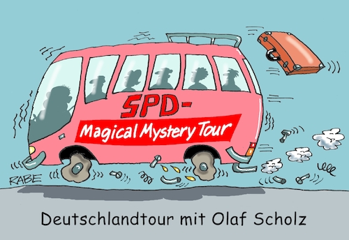 Cartoon: Pannentour (medium) by RABE tagged olaf,scholz,bundeskanzler,ankündigung,zeitenwende,ergebnisse,opposition,union,rabe,ralf,böhme,cartoon,karikatur,pressezeichnung,farbcartoon,tagescartoon,kluft,spalt,brücke,ampel,ampelregierung,abgrund,sommertour,deutschlandtour,reisebus,bundesländer,beatles,magical,mystery,tour,olaf,scholz,bundeskanzler,ankündigung,zeitenwende,ergebnisse,opposition,union,rabe,ralf,böhme,cartoon,karikatur,pressezeichnung,farbcartoon,tagescartoon,kluft,spalt,brücke,ampel,ampelregierung,abgrund,sommertour,deutschlandtour,reisebus,bundesländer,beatles,magical,mystery,tour