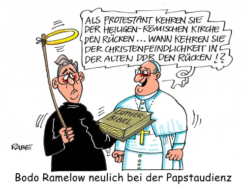 Cartoon: Papstaudienz (medium) by RABE tagged ramelow,ministerpräsident,papst,rom,vatikan,linker,papstaudienz,rabe,ralf,böhme,cartoon,karikatur,pressezeichnung,farbcartoon,tagescartoon,luther,lutherbibel,christen,unrecht,ddr,unrechtsstaat,ramelow,ministerpräsident,papst,rom,vatikan,linker,papstaudienz,rabe,ralf,böhme,cartoon,karikatur,pressezeichnung,farbcartoon,tagescartoon,luther,lutherbibel,christen,unrecht,ddr,unrechtsstaat