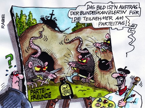 Cartoon: Parteialltägliches (medium) by RABE tagged parteitag,bundesparteitag,leipzig,cdu,bundeskanzlerin,merkel,mindestlohn,debatte,parteifreunde,parteivorsitz,maler,künstler,gemälde,leinwand,ölbild,ratten,gift,mord,komplott,teinehmer,auftragswerk,kanzlerin,tarifverträge,kompromiss,lohnuntergrenze,reformbereitschaft,deutschland,bildung,bildungspolitik,familienpolitik,famileie,herd,herdprämie,sozialpolitik,euro,schuldenkrise,parteienlandschaft,parteitag,bundesparteitag,leipzig,cdu,bundeskanzlerin,mindestlohn,debatte,parteifreunde,parteivorsitz