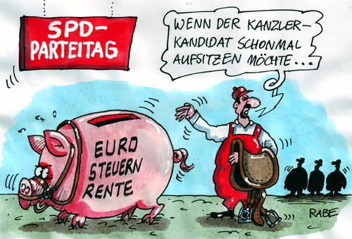 Cartoon: Parteispitze (medium) by RABE tagged parteitag,parteispitze,doppelspitze,spd,berlin,kanzler,kanzlerkandidat,euro,eurokrise,steuern,steuersenkung,steuerdiskussion,rentendiskussion,sparen,sparschwein,sattel,zaumzeug,hannelore,kraft,regierungsspitze,bundesparteitag,parteikongress,schmidt,altkanzler,linke,flügel,koalition,opposition,linksruck,führung,führungsanspruch,parteitag,parteispitze,doppelspitze,spd,kanzler,kanzlerkandidat,eurokrise,euro