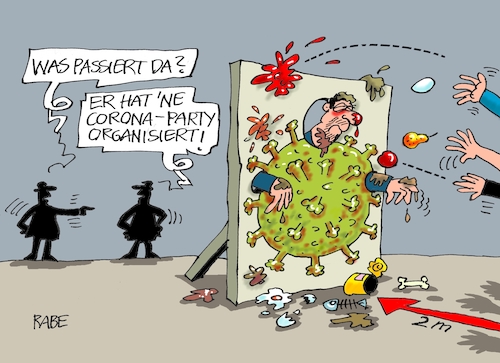 Cartoon: Party Party (medium) by RABE tagged virus,corona,pandemie,coronakrise,rabe,ralf,böhme,cartoon,karikatur,pressezeichnung,farbcartoon,tagescartoon,viren,virenschutz,mundschutz,desinfektion,föderal,föderalismus,ländersache,ausgangssperre,kontaktsperre,party,coronaparty,bestrafung,virus,corona,pandemie,coronakrise,rabe,ralf,böhme,cartoon,karikatur,pressezeichnung,farbcartoon,tagescartoon,viren,virenschutz,mundschutz,desinfektion,föderal,föderalismus,ländersache,ausgangssperre,kontaktsperre,party,coronaparty,bestrafung