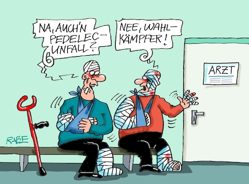 Cartoon: Pedelecwähler (medium) by RABE tagged wahl,wahlkampf,wahlkämpfer,wahlkampfveranstaltung,wahlredner,wähler,landtagswahlen,europawahl,gewalt,prügelei,wahlplakate,rabe,ralf,böhme,cartoon,karikatur,pressezeichnung,farbcartoon,tagescartoon,arzt,arztpraxis,patient,verband,sprechzimmer,gips,gipsbein,krücke,veilchen,blut,knochenbrüche,verletzungen,wahl,wahlkampf,wahlkämpfer,wahlkampfveranstaltung,wahlredner,wähler,landtagswahlen,europawahl,gewalt,prügelei,wahlplakate,rabe,ralf,böhme,cartoon,karikatur,pressezeichnung,farbcartoon,tagescartoon,arzt,arztpraxis,patient,verband,sprechzimmer,gips,gipsbein,krücke,veilchen,blut,knochenbrüche,verletzungen