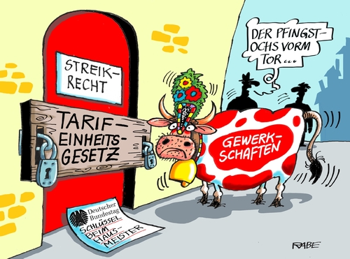 Cartoon: Pfingstochs (medium) by RABE tagged gewerkschaft,streik,streikrecht,tarifeinheit,bundestag,tarifautonomie,tarifvertrag,beschluss,tarifeinheitsgesetz,gdl,verdi,evg,gew,rabe,ralf,böhme,cartoon,karikatur,pressezeichnung,farbcartoon,tagescartoon,tor,pfingsten,pfingstochs,riegel,gewerkschaft,streik,streikrecht,tarifeinheit,bundestag,tarifautonomie,tarifvertrag,beschluss,tarifeinheitsgesetz,gdl,verdi,evg,gew,rabe,ralf,böhme,cartoon,karikatur,pressezeichnung,farbcartoon,tagescartoon,tor,pfingsten,pfingstochs,riegel