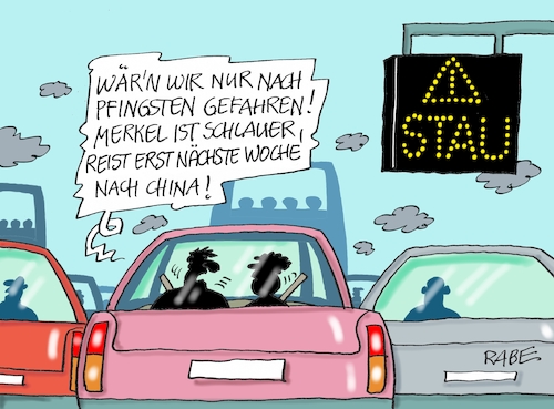 Cartoon: Pfingststau (medium) by RABE tagged merkel,antrittsbesuch,deutschland,österreich,kurz,neukanzler,övp,spö,rabe,ralf,böhme,cartoon,karikaur,pressezeichnung,farbcartoon,kanzlerin,chinareise,pfingsten,reiseverkehr,autobahnen,stau,staugefahr,staatsbesuch,pekin,china,merkel,antrittsbesuch,deutschland,österreich,kurz,neukanzler,övp,spö,rabe,ralf,böhme,cartoon,karikaur,pressezeichnung,farbcartoon,kanzlerin,chinareise,pfingsten,reiseverkehr,autobahnen,stau,staugefahr,staatsbesuch,pekin,china