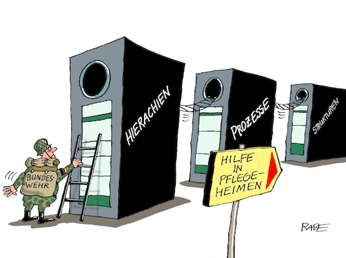 Cartoon: Pflegeheime (medium) by RABE tagged virus,corona,pandemie,coronakrise,rabe,ralf,böhme,cartoon,karikatur,pressezeichnung,farbcartoon,tagescartoon,viren,virenschutz,mundschutz,desinfektion,föderal,föderalismus,ländersache,kontaktsperren,pflege,pflegeheime,pflegedienste,hilfe,bundeswehr,soldaten,bundeswehrsoldaten,pflegepersonal,demenz,schutzausrüstung,strukturen,hierachien,prozesse,rentner,alte,virus,corona,pandemie,coronakrise,rabe,ralf,böhme,cartoon,karikatur,pressezeichnung,farbcartoon,tagescartoon,viren,virenschutz,mundschutz,desinfektion,föderal,föderalismus,ländersache,kontaktsperren,pflege,pflegeheime,pflegedienste,hilfe,bundeswehr,soldaten,bundeswehrsoldaten,pflegepersonal,demenz,schutzausrüstung,strukturen,hierachien,prozesse,rentner,alte