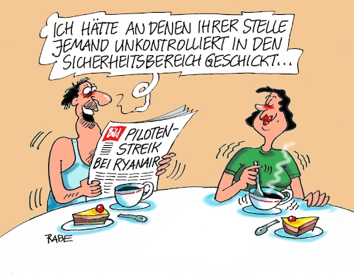 Cartoon: Pilotenstreik (medium) by RABE tagged streik,piloten,gewerkschaften,fluggesellschaft,pilotenstreik,flugpersonal,arbeitskampf,rabe,ralf,böhme,cartoon,karikatur,pressezeichnung,farbcartoon,tagescartoon,reisende,passagiere,flughafen,sicherheitsbereich,check,kontrolle,urlauber,urlaubszeit,boarding,ryanair,streik,piloten,gewerkschaften,fluggesellschaft,pilotenstreik,flugpersonal,arbeitskampf,rabe,ralf,böhme,cartoon,karikatur,pressezeichnung,farbcartoon,tagescartoon,reisende,passagiere,flughafen,sicherheitsbereich,check,kontrolle,urlauber,urlaubszeit,boarding,ryanair