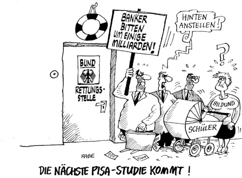 Cartoon: Pisatest (medium) by RABE tagged bildungsplan,soforthilfe,milliardenkredit,schwarzgelb,bundesadler,geldkoffer,kind,mutter,kinderwagen,schulen,bildung,euro,banker,lehrer,schüler,pisatest,pisastudie,pisastudie,pisatest,bildung,euro,banker,milliardenkredit,soforthilfe,schwarzgelb,schulen,bildungswesen,kinder,schüler,lehrer,bildungsstandarts,kinderwagen,bildungsmisere,unterricht,milliarden,rettungsstelle,rettungspaket,nachhilfe,wissen