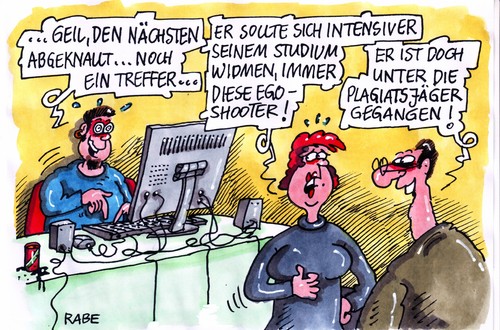 Cartoon: Plagiatsjäger (medium) by RABE tagged plagiat,plagiatsaffäre,plagiatsvorwurf,plagiatsjäger,guttenberg,csu,koch,mehrin,fdp,eu,parlament,euro,krise,abschreiben,betrug,doktorarbeit,examen,universität,studium,student,professor,zitat,fußnote,ehrlichkeit,unehrlich,betrüger,abknallen,treffer,ego,shooter,gewaltvideo,videospiel,spielekonsole,rechner,computer,pc,tastatur,maus,vater,mutter,famileie,mann,frau,sohn,kind,schreibtisch,plagiator,plagiat,plagiatsaffäre,plagiatsvorwurf,plagiatsjäger,guttenberg,eu,parlament,euro