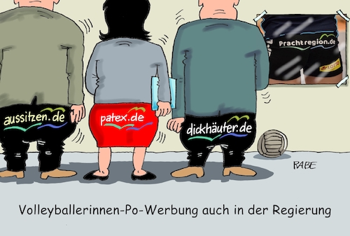 Cartoon: Po Werbung Volleyballerinnen (medium) by RABE tagged volleyball,volleyballerinnen,suhl,thüringen,werberat,verbot,beschwerde,region,rabe,ralf,böhme,cartoon,karikatur,pressezeichnung,farbcartoon,tagescartoon,hosen,hintern,po,gesäß,arsch,werbefläche,abgeordnete,regierung,dickhäuter,politiker,patex,aussitzer,sexismus,volleyball,volleyballerinnen,suhl,thüringen,werberat,verbot,beschwerde,region,rabe,ralf,böhme,cartoon,karikatur,pressezeichnung,farbcartoon,tagescartoon,hosen,hintern,po,gesäß,arsch,werbefläche,abgeordnete,regierung,dickhäuter,politiker,patex,aussitzer,sexismus