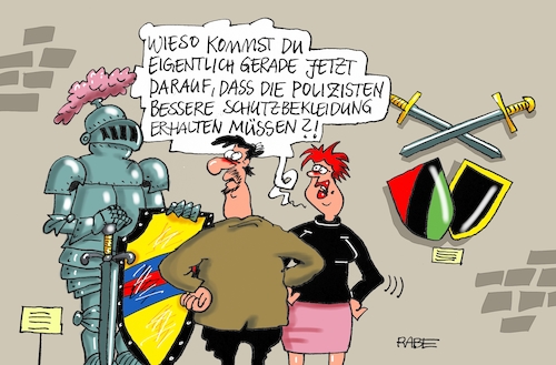 Cartoon: Polizeiausrüstung (medium) by RABE tagged polizei,aufmärsche,schutz,polizeiausrüstung,rüstung,ritter,burg,museum,rabe,ralf,böhme,cartoon,karikatur,pressezeichnung,farbcartroon,tagescartoon,weste,helm,schutzschild,bodycam,demo,polizei,aufmärsche,schutz,polizeiausrüstung,rüstung,ritter,burg,museum,rabe,ralf,böhme,cartoon,karikatur,pressezeichnung,farbcartroon,tagescartoon,weste,helm,schutzschild,bodycam,demo