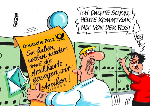 Cartoon: Poststreik (medium) by RABE tagged post,arsch,arschkarte,postdienst,briefträger,briefe,zusteller,zustellung,briefkasten,streik,verdi,arbeitskampf,warnstreik,postler,rabe,ralf,böhme,cartoon,karikatur,pressezeichnung,farbcartoon,tagescartoon,postamt,bundespostbehörde,innenministerium,post,arsch,arschkarte,postdienst,briefträger,briefe,zusteller,zustellung,briefkasten,streik,verdi,arbeitskampf,warnstreik,postler,rabe,ralf,böhme,cartoon,karikatur,pressezeichnung,farbcartoon,tagescartoon,postamt,bundespostbehörde,innenministerium