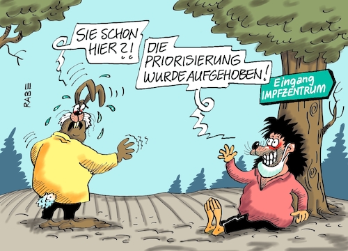 Cartoon: Priorisierungswettlauf zu Ende (medium) by RABE tagged corona,bundländerkonferenz,merkel,kanzleramt,lockerungen,stufenplan,öffnungen,lockdown,shutdown,baumärkte,impfdosen,rki,fallzahlen,inzidenzwert,spahn,impfzentren,impfreihenfolge,notbremse,priorisierung,priorisierungsliste,aufhebung,märchen,wettlauf,hase,igel,brüder,grimm,corona,bundländerkonferenz,merkel,kanzleramt,lockerungen,stufenplan,öffnungen,lockdown,shutdown,baumärkte,impfdosen,rki,fallzahlen,inzidenzwert,spahn,impfzentren,impfreihenfolge,notbremse,priorisierung,priorisierungsliste,aufhebung,märchen,wettlauf,hase,igel,brüder,grimm