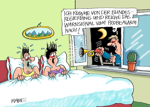 Cartoon: Probealarmierung (medium) by RABE tagged coron,schnelltest,flughäfen,bahnhöfe,reiserückkehrer,testpflicht,markus,söder,bußgelder,abstrichzentrum,abstriche,bettler,obdachloser,fußgängerzone,bahnhofsvorplatz,alarm,warnapp,warntag,sirene,hupe,alarmsignal,bett,nacht,leiter,nachreichung,katastrophe,katastrophenschutz,panne,coron,schnelltest,flughäfen,bahnhöfe,reiserückkehrer,testpflicht,markus,söder,bußgelder,abstrichzentrum,abstriche,bettler,obdachloser,fußgängerzone,bahnhofsvorplatz,alarm,warnapp,warntag,sirene,hupe,alarmsignal,bett,nacht,leiter,nachreichung,katastrophe,katastrophenschutz,panne