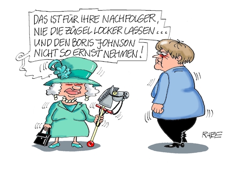 Cartoon: Queen nochmal (medium) by RABE tagged merkel,bundeskanzlerin,reden,regierungserklärungen,eu,gipfel,rabe,ralf,böhme,cartoon,karikatur,pressezeichnung,farbcartoon,tagescartoon,nachfolger,laschet,baerbock,scholz,steckenpferd,zügel,reiten,abschied,queen,elisabeth,london,buckingham,palace,boris,johnson,merkel,bundeskanzlerin,reden,regierungserklärungen,eu,gipfel,rabe,ralf,böhme,cartoon,karikatur,pressezeichnung,farbcartoon,tagescartoon,nachfolger,laschet,baerbock,scholz,steckenpferd,zügel,reiten,abschied,queen,elisabeth,london,buckingham,palace,boris,johnson