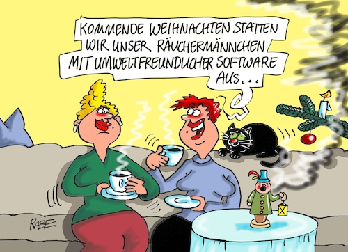 Cartoon: Räuchermännchenprobleme (medium) by RABE tagged klimawandel,umwelt,umweltministerin,schulze,sp,klimapreis,heizung,auto,rabe,ralf,böhme,cartoon,karikatur,pressezeichnung,farbcartoon,tagescartoon,brücke,bettler,verkehr,klimaprämie,friday,for,future,abgaswerte,räucherkerzchen,räuchermannchen,umweltbelastung,weihnachten,erzgebirge,weihnachtsfest,weihnachtsmann,dieselbelastung,software,klimawandel,umwelt,umweltministerin,schulze,sp,klimapreis,heizung,auto,rabe,ralf,böhme,cartoon,karikatur,pressezeichnung,farbcartoon,tagescartoon,brücke,bettler,verkehr,klimaprämie,friday,for,future,abgaswerte,räucherkerzchen,räuchermannchen,umweltbelastung,weihnachten,erzgebirge,weihnachtsfest,weihnachtsmann,dieselbelastung,software