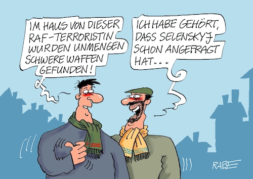 Cartoon: RAF Waffen (medium) by RABE tagged selenskyj,landung,hessen,frankfurt,flughafen,ukrainekrieg,rabe,ralf,böhme,cartoon,karikatur,pressezeichnung,farbcartoon,tagescartoon,munition,waffenlieferung,raf,terroristin,berlin,untergrund,wohnung,waffen,waffenfund,munitionsfund,selenskyj,landung,hessen,frankfurt,flughafen,ukrainekrieg,rabe,ralf,böhme,cartoon,karikatur,pressezeichnung,farbcartoon,tagescartoon,munition,waffenlieferung,raf,terroristin,berlin,untergrund,wohnung,waffen,waffenfund,munitionsfund