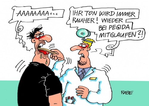 Cartoon: Raubein Zwei (medium) by RABE tagged pegida,afd,demo,montagsdemo,spaziergang,bürgerprotest,flüchtlinge,flüchtlingsheim,asylanten,flüchtlingsunterkunft,rabe,ralf,böhme,cartoon,karikatur,pressezeichnung,farbcartoon,tagescartoon,hno,hals,nasen,ohren,arzt,patient,rachen,mundhöhle,untersuchung,stimme,pegida,afd,demo,montagsdemo,spaziergang,bürgerprotest,flüchtlinge,flüchtlingsheim,asylanten,flüchtlingsunterkunft,rabe,ralf,böhme,cartoon,karikatur,pressezeichnung,farbcartoon,tagescartoon,hno,hals,nasen,ohren,arzt,patient,rachen,mundhöhle,untersuchung,stimme