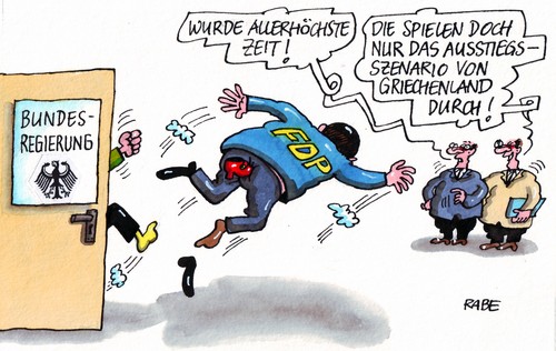 Cartoon: Rausschmiss (medium) by RABE tagged bundesregierung,kanzlerin,merkel,cdu,koalition,schwarzgelb,fdp,liberale,schuldenkrise,euro,eu,brüssel,eurokrise,rettungsschirm,fiskalpakt,stabilitätspakt,eurobonds,griechenland,athen,spanien,bundesregierung,merkel,schuldenkrise,brüssel