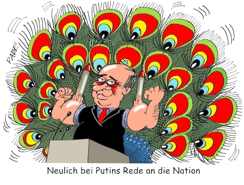 Cartoon: Rede an die Nation (medium) by RABE tagged putin,ukraine,russland,kreml,poroschenko,ukrainekrise,rabe,ralf,böhme,cartoon,karikatur,pressezeichnung,farbcartoon,meer,marineschiffe,handelsschiffe,festnahmen,kriegsschiffe,provokation,merkel,eu,trump,weltfrieden,atomwaffen,raketen,pfau,nation,inf,ifn,vertrag,putin,ukraine,russland,kreml,poroschenko,ukrainekrise,rabe,ralf,böhme,cartoon,karikatur,pressezeichnung,farbcartoon,meer,marineschiffe,handelsschiffe,festnahmen,kriegsschiffe,provokation,merkel,eu,trump,weltfrieden,atomwaffen,raketen,pfau,nation,inf,ifn,vertrag