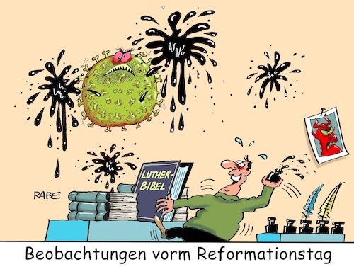 Cartoon: Reformationstalltägliches (medium) by RABE tagged corona,bildung,bildungsminister,kanzleramt,bildungskonferenz,lehrerkonferenz,laptop,ausstatung,digitalisierung,bildungsmonitor,internetzugan,wlan,aufwachen,coronaregeln,verschärfung,fallzahlen,testpflicht,lockdown,coronavirus,luther,bibel,lutherbibel,wartburg,eisenach,teufel,tintenfass,tintenfasswurf,halloween,martin,reformator,corona,bildung,bildungsminister,kanzleramt,bildungskonferenz,lehrerkonferenz,laptop,ausstatung,digitalisierung,bildungsmonitor,internetzugan,wlan,aufwachen,coronaregeln,verschärfung,fallzahlen,testpflicht,lockdown,coronavirus,luther,bibel,lutherbibel,wartburg,eisenach,teufel,tintenfass,tintenfasswurf,halloween,martin,reformator