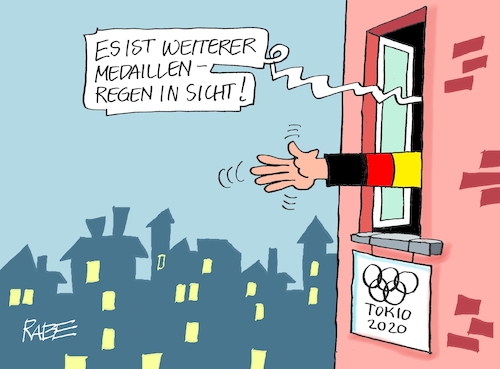 Cartoon: Regenschauer (medium) by RABE tagged olympiade,sport,tokio,japan,sportler,olympiafeuer,feuer,flamme,rabe,ralf,böhme,cartoon,karikatur,pressezeichnung,farbcartoon,tagescartoon,fechter,säbel,degen,florett,spieß,corona,virus,deltavirus,medaillen,medaillenregen,regen,kanu,wassersport,dressurreiten,goldmedaille,gold,olympiade,sport,tokio,japan,sportler,olympiafeuer,feuer,flamme,rabe,ralf,böhme,cartoon,karikatur,pressezeichnung,farbcartoon,tagescartoon,fechter,säbel,degen,florett,spieß,corona,virus,deltavirus,medaillen,medaillenregen,regen,kanu,wassersport,dressurreiten,goldmedaille,gold