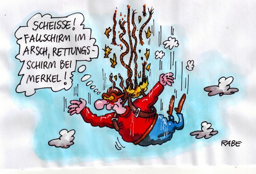 Cartoon: Rettungsschirm (medium) by RABE tagged merkel,rettungsschirm,kanzlerin,eu,euro,fallschirm,rettungspaketkrise,soforthilfe,griechenland,irland,banker,kredit,angela merkel,rettungsschirm,kanzlerin,eu,euro,fallschirm,rettungspaketkrise,griechenland,irland,banker,angela,merkel