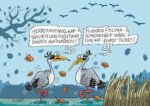 Cartoon: Richtung Süden (medium) by RABE tagged herbst,herbstanfang,blätterfall,laub,zugvögel,süden,kraniche,rabe,ralf,böhme,cartoon,karikatur,pressezeichnung,farbcartoon,tagescartoon,klimawandel,klimaschutz,flieger,flugscham,bahn,tickte,deutschlandticket,herbst,herbstanfang,blätterfall,laub,zugvögel,süden,kraniche,rabe,ralf,böhme,cartoon,karikatur,pressezeichnung,farbcartoon,tagescartoon,klimawandel,klimaschutz,flieger,flugscham,bahn,tickte,deutschlandticket