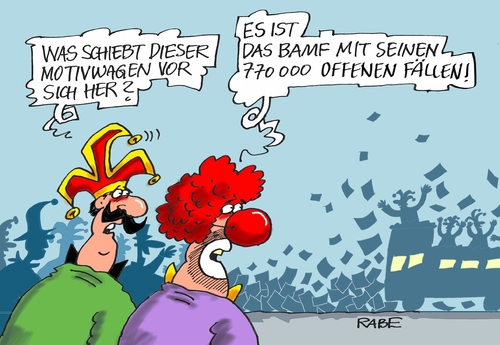 Cartoon: Romoumzug (medium) by RABE tagged rosenmontagsumzug,fasching,tagescartoon,pressezeichnung,karikatur,cartoon,böhe,ralf,rabe,bearbeitung,anträge,migration,bampf,flüchtlinge,rosenmontag,rosenmontag,flüchtlinge,bampf,migration,anträge,bearbeitung,rabe,ralf,böhe,cartoon,karikatur,pressezeichnung,tagescartoon,fasching,rosenmontagsumzug