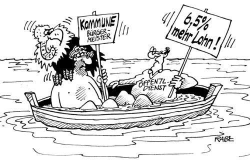 Cartoon: Ruderboot (medium) by RABE tagged kommune,bürgermeister,haushalt,öffentlicher,dienst,streik,arbeitskampf,lohnforderung,lohnerhöhung,arbeitsplatz,lehrer,müllfahrer,euro,boot,see,wasser,seenot,untergang,pleite,pleitegeier,verdi,bsirske,gewerkschaften,gewergschaftsvorsitzender,gew,kommunen,städte,gemeinde,bürgermeister,haushalt,haushaltsplan,stadtkasse,euro,gewerkschaften