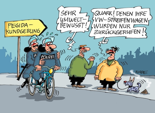 Cartoon: Rückrufaktion (medium) by RABE tagged polizei,polizisten,polizeiwagen,polizeifahrzeuge,rad,fahrrad,vw,volkswagen,abgasskandal,manipulation,rückrufaktion,rückruf,rabe,ralf,böhme,cartoon,karikatur,pressezeichnung,farbcartoon,tagescartoon,pegida,flüchtlinge,kundgebung,rechte,absicherung,gegendemonstration,dresden,sachsen,montagsspaziergang,polizei,polizisten,polizeiwagen,polizeifahrzeuge,rad,fahrrad,vw,volkswagen,abgasskandal,manipulation,rückrufaktion,rückruf,rabe,ralf,böhme,cartoon,karikatur,pressezeichnung,farbcartoon,tagescartoon,pegida,flüchtlinge,kundgebung,rechte,absicherung,gegendemonstration,dresden,sachsen,montagsspaziergang