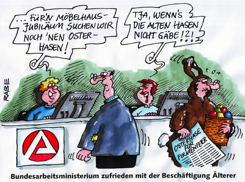 Cartoon: Rumeierei (medium) by RABE tagged arbeitsagentur,arbeitsamt,jobcenter,arbeitsplatz,arbeitslosigkeit,arbeitsuchender,bundesarbeitsministerium,cdu,von,der,leyen,alte,ältere,fünfzigjährige,rentner,vorruhestand,vorruheständler,hartz,vier,beschäftigte,zeitarbeit,mindestlohn,ostern,osterhase,osterkorb,osterei,arbeitsagentur,arbeitsamt,jobcenter,arbeitsplatz,arbeitslosigkeit,arbeitsuchender,bundesarbeitsministerium,arbeit,job