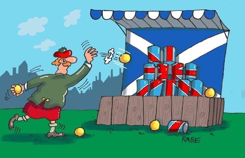 Cartoon: Rummelplatz (medium) by RABE tagged schotten,schottland,abstimmung,england,queen,grossbritanien,königreich,staat,eu,brüssel,bayern,südtirol,rabe,ralf,böhme,cartoon,karikatur,pressezeichnung,farbcartoon,tagescartoon,volksabstimmung,kelt,rummelplatz,schiessbude,büchsen,büchsenwurf,bälle,flagge,zielwurf,dosen,schotten,schottland,abstimmung,england,queen,grossbritanien,königreich,staat,eu,brüssel,bayern,südtirol,rabe,ralf,böhme,cartoon,karikatur,pressezeichnung,farbcartoon,tagescartoon,volksabstimmung,kelt,rummelplatz,schiessbude,büchsen,büchsenwurf,bälle,flagge,zielwurf,dosen