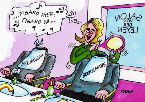 Cartoon: Salon von der Leyen (medium) by RABE tagged ursula,uschi,von,der,leyen,cdu,bundesverteidigungsministerin,verteidigung,bundeswehr,soldaten,armee,kampfeinsatz,staatssekretär,beemelmans,selhausen,entlassung,rüstung,rüstungsstaatssekretär,drohne,drohnenaffäre,kampfdrohne,rüstunsprojekte,millionen,milliardenausgaben,rabe,ralf,böhme,cartoon,karikatur,pressezeichnung,farbcartoon,friseur,friseursalon,haarschneider,frisöse,spiegel,waschsalon,frisur,schneiden,schere,kamm,rasur,rasiermesser,figaro,ursula,uschi,von,der,leyen,cdu,bundesverteidigungsministerin,verteidigung,bundeswehr,soldaten,armee,kampfeinsatz,staatssekretär,beemelmans,selhausen,entlassung,rüstung,rüstungsstaatssekretär,drohne,drohnenaffäre,kampfdrohne,rüstunsprojekte,millionen,milliardenausgaben,rabe,ralf,böhme,cartoon,karikatur,pressezeichnung,farbcartoon,friseur,friseursalon,haarschneider,frisöse,spiegel,waschsalon,frisur,schneiden,schere,kamm,rasur,rasiermesser,figaro