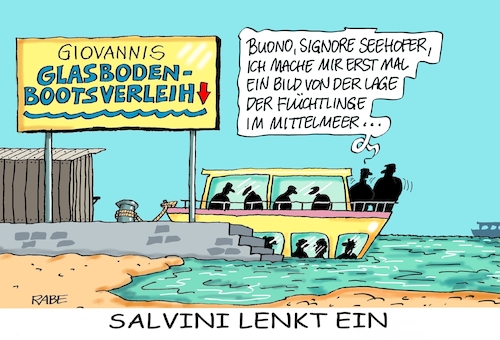 Cartoon: Salvini und Seehofer (medium) by RABE tagged salvini,italien,seehofer,innenminister,flüchtlinge,mittelmeer,mittelmeeroute,flüchtlingsschiffe,häfen,lampedusa,malta,kapitänin,rackete,rabe,ralf,böhme,cartoon,karikatur,pressezeichnung,farbcartoon,tagescartoon,anlegestelle,glasbodenboot,ertrinkende,seenotrettung,salvini,italien,seehofer,innenminister,flüchtlinge,mittelmeer,mittelmeeroute,flüchtlingsschiffe,häfen,lampedusa,malta,kapitänin,rackete,rabe,ralf,böhme,cartoon,karikatur,pressezeichnung,farbcartoon,tagescartoon,anlegestelle,glasbodenboot,ertrinkende,seenotrettung