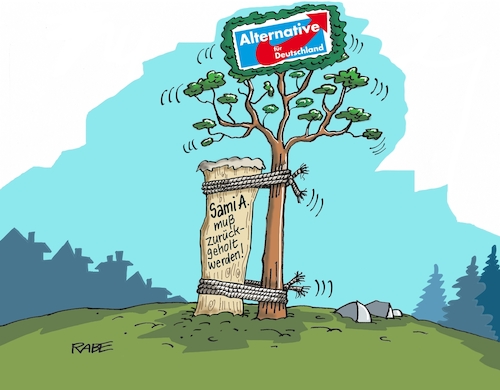 Cartoon: Sami A (medium) by RABE tagged afd,baum,rechte,gauland,baumschule,stütze,wachstumshilfe,rabe,ralf,böhme,cartoon,karikatur,pressezeichnung,farbcartoon,tagescartoon,sami,islamist,terrorist,flüchtlingskrise,tunesien,auslieferung,gericht,paragraphen,rücjholung,bin,laden,oberverwaltungsgericht,unrecht,behörde,justiz,abschiebung,radikalisierung,gefährder,afd,baum,rechte,gauland,baumschule,stütze,wachstumshilfe,rabe,ralf,böhme,cartoon,karikatur,pressezeichnung,farbcartoon,tagescartoon,sami,islamist,terrorist,flüchtlingskrise,tunesien,auslieferung,gericht,paragraphen,rücjholung,bin,laden,oberverwaltungsgericht,unrecht,behörde,justiz,abschiebung,radikalisierung,gefährder