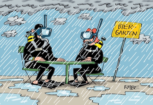 Cartoon: Sauwetter (medium) by RABE tagged klima,klimaziele,klimawende,ampel,wissing,streit,umsetzung,rabe,ralf,böhme,cartoon,karikatur,pressezeichnung,farbcartoon,tagescartoon,regen,regenschauer,starkregen,überschwemmung,pfützen,biergaten,kneipe,taucher,taucheranzüge,taucherflossen,taucherbrille,schnorchel,klima,klimaziele,klimawende,ampel,wissing,streit,umsetzung,rabe,ralf,böhme,cartoon,karikatur,pressezeichnung,farbcartoon,tagescartoon,regen,regenschauer,starkregen,überschwemmung,pfützen,biergaten,kneipe,taucher,taucheranzüge,taucherflossen,taucherbrille,schnorchel