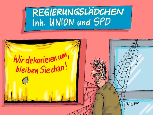 Cartoon: Schaufensterkrankheit (medium) by RABE tagged sonderparteitag,spd,martin,schulz,ja,groko,koalitionsverhandlungen,rabe,ralf,böhme,cartoon,karikatur,pressezeichnung,farbcartoon,tagescartoon,merkel,union,koalitionsgespräche,abrissbirne,dekoration,schaufenster,umdekoration,regierungslädchen,kunde,bürger,zielgerade,ergebnis,koalitionspapiere,sonderparteitag,spd,martin,schulz,ja,groko,koalitionsverhandlungen,rabe,ralf,böhme,cartoon,karikatur,pressezeichnung,farbcartoon,tagescartoon,merkel,union,koalitionsgespräche,abrissbirne,dekoration,schaufenster,umdekoration,regierungslädchen,kunde,bürger,zielgerade,ergebnis,koalitionspapiere