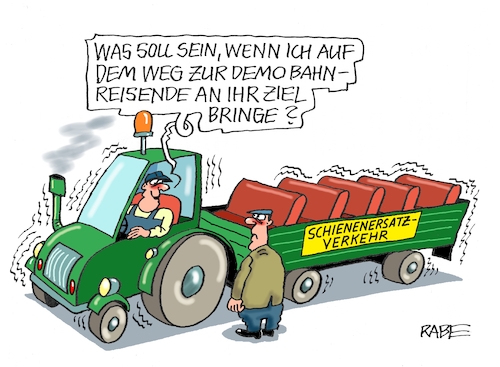 Cartoon: Schienenersatzstreik (medium) by RABE tagged bahn,db,bahnkunden,fahrpreis,fahrpreiserhöhung,rabe,ralf,böhme,cartoon,karikatur,pressezeichnung,farbcartoon,tagescartoon,schnellzug,bahnticket,schlusslicht,passagiere,bahnreisende,bauernprotest,bauernblockade,bauer,traktor,anhänger,sitzplätze,schienenersatz,schienenersatzverkehr,bahn,db,bahnkunden,fahrpreis,fahrpreiserhöhung,rabe,ralf,böhme,cartoon,karikatur,pressezeichnung,farbcartoon,tagescartoon,schnellzug,bahnticket,schlusslicht,passagiere,bahnreisende,bauernprotest,bauernblockade,bauer,traktor,anhänger,sitzplätze,schienenersatz,schienenersatzverkehr