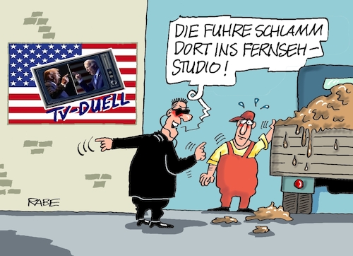 Cartoon: Schlammschlacht (medium) by RABE tagged trump,biden,usa,vorwahlen,präsidentschaftswahl,rabe,ralf,böhme,cartoon,karikatur,pressezeichnung,farbcartoon,tagescartoon,hai,haifisch,floss,floß,nato,untergang,bedrohung,tv,duell,fernsehduell,duellanten,schlamm,schlammschlacht,fernsehstudio,bodyguard,trump,biden,usa,vorwahlen,präsidentschaftswahl,rabe,ralf,böhme,cartoon,karikatur,pressezeichnung,farbcartoon,tagescartoon,hai,haifisch,floss,floß,nato,untergang,bedrohung,tv,duell,fernsehduell,duellanten,schlamm,schlammschlacht,fernsehstudio,bodyguard