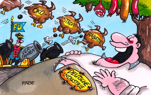 Cartoon: Schlaraffenland (medium) by RABE tagged eu,euro,eurozone,verfahren,untersuchungsverfahren,strom,ökostrom,rabatt,ökostromrabatte,deutschland,wirtschaft,industrie,schlaraffenland,hähnchen,brathähnchen,broiler,geflügel,tauben,märchenrabe,ralf,böhme,cartoon,brüssel,karikatur,pressezeichnung,farbcartoon,konfrontationskurs,europakommission,stromverbrauch,rückforderungen,behörden,wettbewerb,stromkosten,eu,euro,eurozone,verfahren,untersuchungsverfahren,strom,ökostrom,rabatt,ökostromrabatte,deutschland,wirtschaft,industrie,schlaraffenland,hähnchen,brathähnchen,broiler,geflügel,tauben,märchenrabe,ralf,böhme,cartoon,brüssel,karikatur,pressezeichnung,farbcartoon,konfrontationskurs,europakommission,stromverbrauch,rückforderungen,behörden,wettbewerb,stromkosten