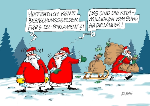 Cartoon: Schlittenfahrer (medium) by RABE tagged kita,kindergarten,kindergartengelder,bundestag,bundesrat,beschluß,erzieherinnen,erziehermangel,weiterbildung,rabe,ralf,böhme,cartoon,karikatur,pressezeichnung,farbcartoon,tagescartoon,kitagesetz,weihnachten,weihnachtsmänner,geschenkesack,geldsäcke,eu,parlament,bestechung,kaili,katar,schnee,kita,kindergarten,kindergartengelder,bundestag,bundesrat,beschluß,erzieherinnen,erziehermangel,weiterbildung,rabe,ralf,böhme,cartoon,karikatur,pressezeichnung,farbcartoon,tagescartoon,kitagesetz,weihnachten,weihnachtsmänner,geschenkesack,geldsäcke,eu,parlament,bestechung,kaili,katar,schnee