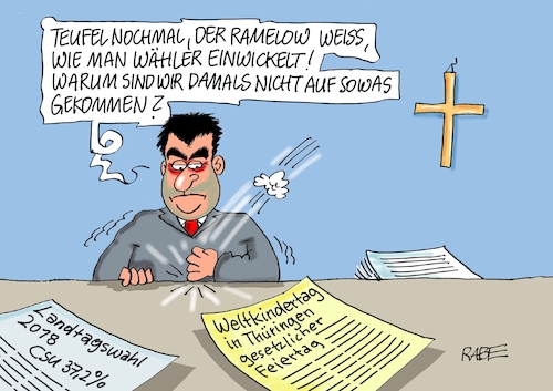 Cartoon: Schlitzohr Ramelow (medium) by RABE tagged landtagswahlen,landtag,bundesländer,wähler,thüringen,sachsen,rabe,ralf,böhme,cartoon,karikatur,pressezeichnung,farbcartoon,tagescartoon,baukasten,bau,bauhaus,weimar,ministerpräsident,ramelow,rot,grün,landesregierung,wahlgeschenk,weltkindertag,feiertag,feiertagsgesetz,beschluß,söder,freistaat,bayern,csu,landtagswahl,wahlergebnis,stimmverluste,landtagswahlen,landtag,bundesländer,wähler,thüringen,sachsen,rabe,ralf,böhme,cartoon,karikatur,pressezeichnung,farbcartoon,tagescartoon,baukasten,bau,bauhaus,weimar,ministerpräsident,ramelow,rot,grün,landesregierung,wahlgeschenk,weltkindertag,feiertag,feiertagsgesetz,beschluß,söder,freistaat,bayern,csu,landtagswahl,wahlergebnis,stimmverluste