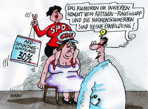 Cartoon: Schmerzhaftes (medium) by RABE tagged merkel,kanzlerin,bundesregierung,cdu,koalition,umweltminister,röttgen,rauswurf,wahldebakel,landtagswahl,nrw,wahlniederlage,energiewende,atomausstieg,spd,umfrage,sonntagsumfrage,ard,politbarometer,wählergunst,umfragetief,arzt,doktor,sprechzimmer,diagnose,schmerzen,nacken,bauch,nackenschmerzen,inneres,medizin,einbildung,nerven,seehofer,csu,merkel,kanzlerin,bundesregierung,cdu,koalition,röttgen