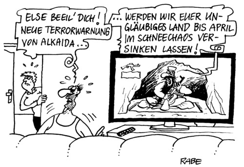 Cartoon: Schneechaos und Al Kaida (medium) by RABE tagged al,kaida,schneechaos,chaos,schnee,euro,terror,maschinengewehr,höhle,bin,laden,teppich,kalaschnikow,nachrichten,mann,frau,fernseher,tv,aktuelles,couch,tagesschau,taliban,videobotschaft,terrorwarnung,innenminister,regierung,angst,schrecken,schneechaos,schneeflocken,frost,kälte,winterdienst,terror,bedrohung,al kaidaterrorwarnung,euro,maschinengewehr,al,kaidaterrorwarnung