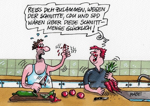 Cartoon: Schnittmengen (medium) by RABE tagged sondierung,sondierungsgespräch,koalition,koalitionsverhandlung,bundestagswahlen,rot,schwarz,gabriel,merkel,spd,cdu,schwarzrot,rabe,ralf,böhme,cartoon,karikatur,pressezeichnung,farbcartoon,küche,ehepaar,mann,frau,anbauküche,schneidbrett,gemüse,gurke,messer,scharf,schnitt,verletzung,blut,union,berlin,kanzleramt,parlament,regierungskoalition,grün,rotgrün,grüne,sondierung,sondierungsgespräch,koalition,koalitionsverhandlung,bundestagswahlen,rot,schwarz,gabriel,merkel,spd,cdu,schwarzrot,rabe,ralf,böhme,cartoon,karikatur,pressezeichnung,farbcartoon,küche,ehepaar,mann,frau,anbauküche,schneidbrett,gemüse,gurke,messer,scharf,schnitt,verletzung,blut,union,berlin,kanzleramt,parlament,regierungskoalition,grün,rotgrün,grüne