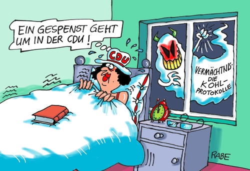 Cartoon: Schreckgespenst (medium) by RABE tagged kohl,altkanzler,buch,vermächtnis,protokolle,cdu,angst,gespenst,rabe,ralf,böhme,cartoon,karikatur,pressezeichnung,farbcartoon,tagescartoon,bett,nacht,schlaf,parteimitglieder,merkel,kohl,altkanzler,buch,vermächtnis,protokolle,cdu,angst,gespenst,rabe,ralf,böhme,cartoon,karikatur,pressezeichnung,farbcartoon,tagescartoon,bett,nacht,schlaf,parteimitglieder,merkel