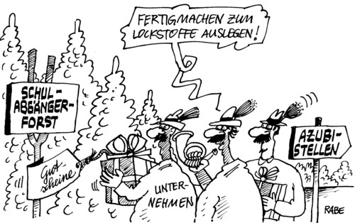 Cartoon: Schulabgänger (medium) by RABE tagged schule,schulabgänger,azubi,lehrstelle,lehrling,unternehmen,firmen,betriebe,ausbilder,ausbildungsplätze,lehrstellen,ihk,industrie,wirtschaft,handel,gutscheine,lockstoff,jäger,förster,wild,freiwild,forst,wald,jagd,jagdhorn,duftstoffe,schule,schulabgänger,azubi,lehrstelle,lehrling,firmen,betriebe,ausbilder,ausbildungsplätze,arbeit,job