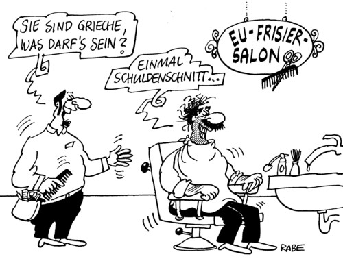 Cartoon: Schuldenschnitt (medium) by RABE tagged bundesregierung,kanzlerin,merkel,cdu,finanzmnister,schäuble,finanzchefs,euro,eu,brüssel,griechenland,athen,streik,papandreou,schulden,schuldenkrise,pleite,staatspleite,bankenpleite,banker,invetsmentbank,börse,spekulanten,rettungsschirm,währungsunion,frisör,frisiersalon,haareschneiden,haarschneider,schere,kamm,shampoo,spiegel,schuldenschnitt,haare,schuldenschnitt,schuldenkrise,schulden,euro,eu,brüssel,eurokrise,merkel,bundesregierung,kanzlerin