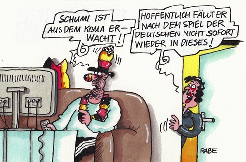 Cartoon: Schumi (medium) by RABE tagged sport,schumi,rennfahrer,rennsport,koma,aufwachphase,ärzte,genesung,reha,rehaklinik,skiunfall,schädelhirntrauma,rabe,ralf,böhme,cartoon,karikatur,pressezeichnung,farbcartoon,fußball,wm,brasilien,löw,fussballweltmeisterschaft,trainer,nationalelf,lahm,müller,stadion,deutschland,kanzlerin,sport,schumi,rennfahrer,rennsport,koma,aufwachphase,ärzte,genesung,reha,rehaklinik,skiunfall,schädelhirntrauma,rabe,ralf,böhme,cartoon,karikatur,pressezeichnung,farbcartoon,fußball,wm,brasilien,löw,fussballweltmeisterschaft,trainer,nationalelf,lahm,müller,stadion,deutschland,kanzlerin